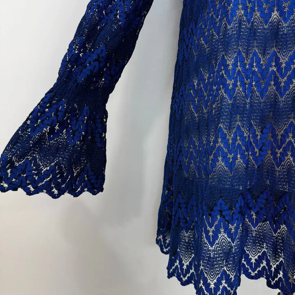 Free People Simone Lace Mini Dress Long Sleeve Zig Zag Cobalt Blue L No Slip